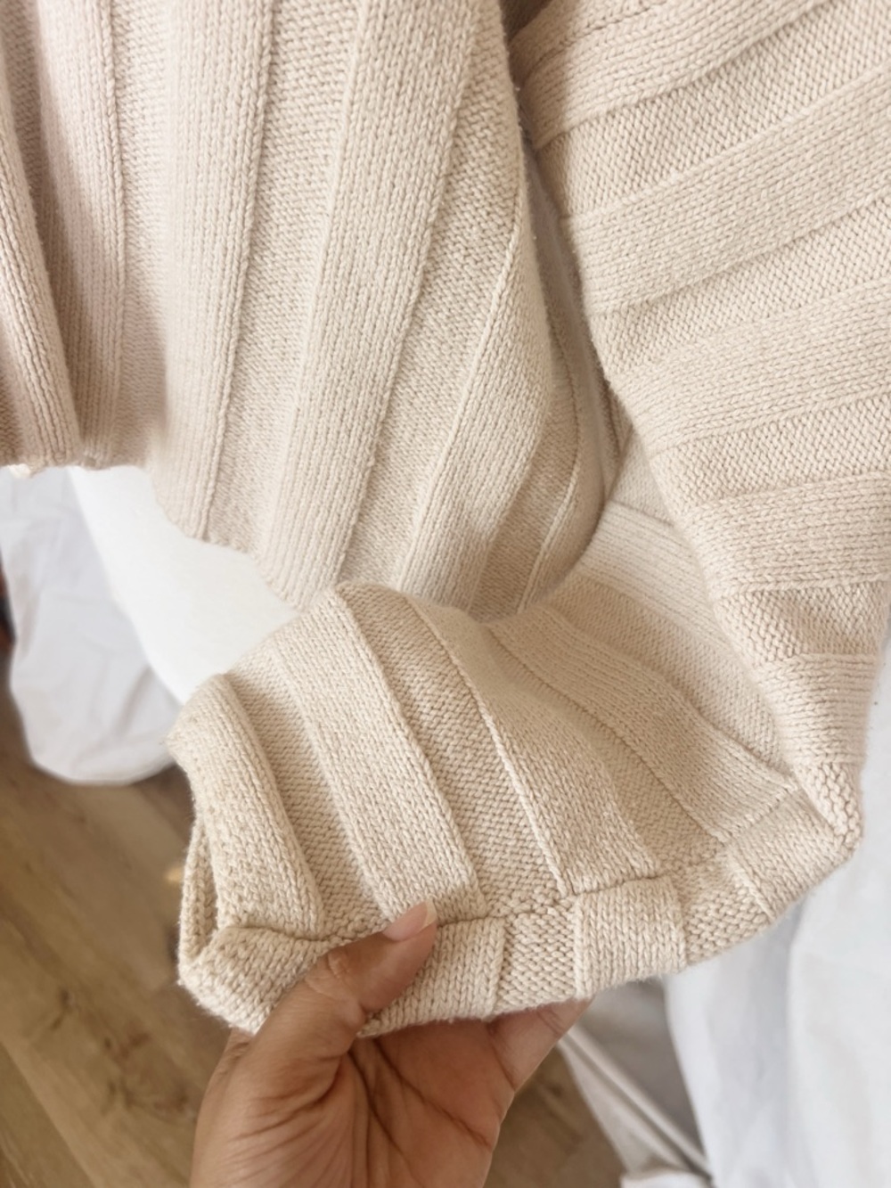 Cream Ribbed V-Neck Women's Sweater - Picture 3 of 5